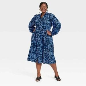 Ava & Viv Plus Size 1X Polka Dot Faux Wrap Midi Dress Blue Black